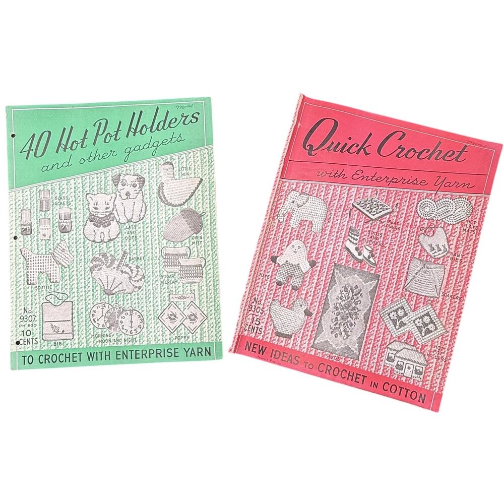 🧵Vintage Enterprise Yarn Crochet Booklets Lot 2 Hot Pot Holders + Quick Crochet